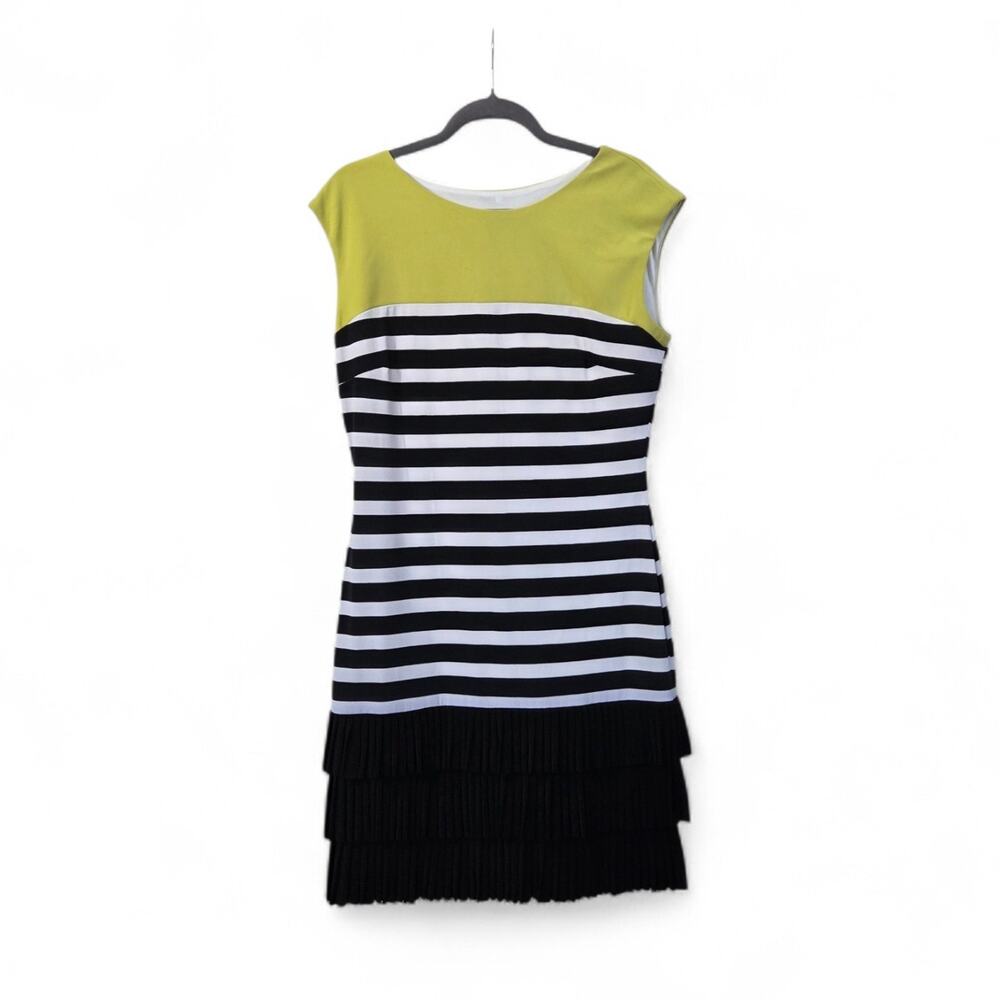 Frank Lyman Design Lime Green White Black Striped Pleated Hem Dress, Size 14